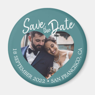 Teal Photo Modern Script Save the Date Magnet