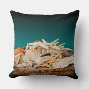 Teal Picture Sea Treasures Seashells Throw Pillow