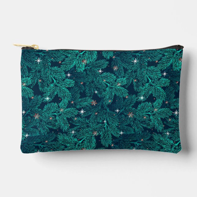Teal Pine Branches With White Snowflakes Accessory Pouch (Front)