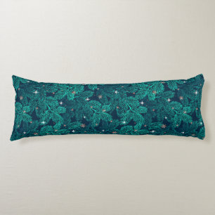 Teal Pine Branches With White Snowflakes Body Pillow