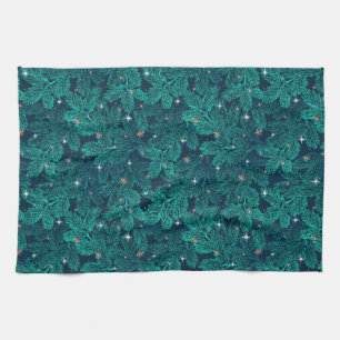 Teal Pine Branches With White Snowflakes Kitchen Towel