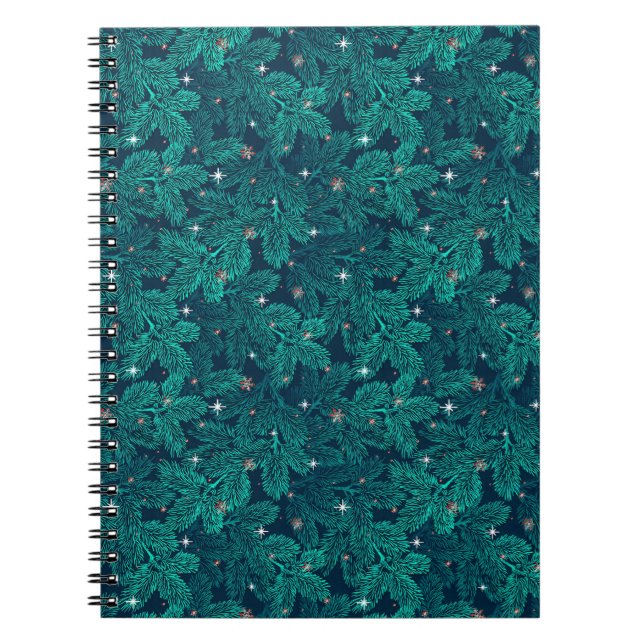 Teal Pine Branches With White Snowflakes Notebook (Front)