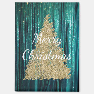 Teal Pine Green Tinsel Gold Christmas Tree Magnet
