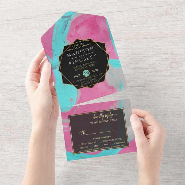Teal Pink Abstract All In One Invitation (Tearaway)