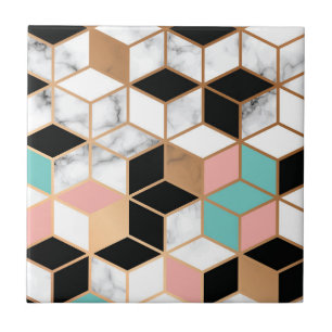 Teal Pink Abstract Cube Pattern on Marble Tile