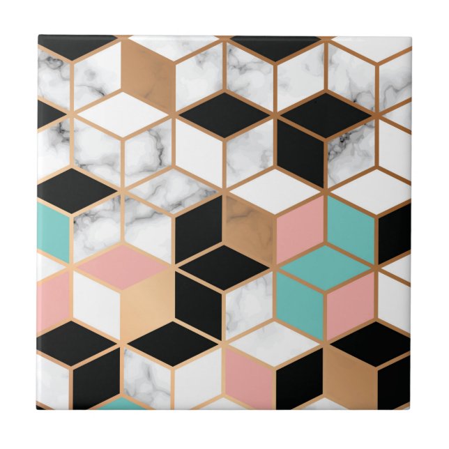 Teal Pink Abstract Cube Pattern on Marble Tile (Front)