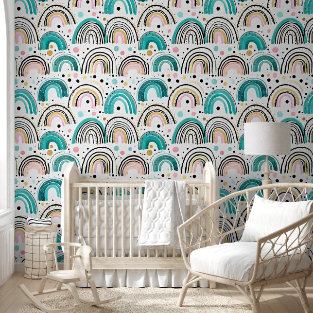 Teal pink and gold rainbows wallpaper (Kids)