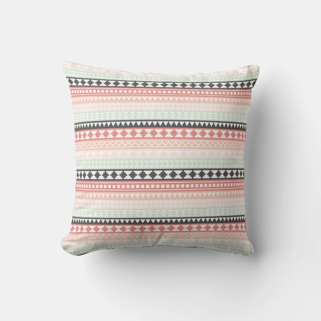 Teal, Pink and Grey Tribal Aztec Pattern Throw Pillow (Front)