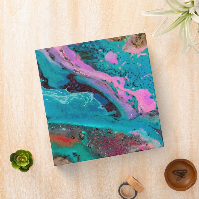 Teal Pink Black Abstract Fluid Painting  Binder (In Situ)
