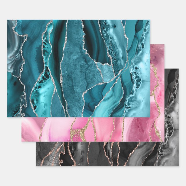 teal pink black agate wrapping paper sheet (Set)