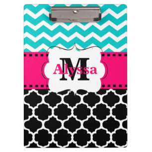Teal Pink Black Chevron Quatrefoil Personalized Clipboard