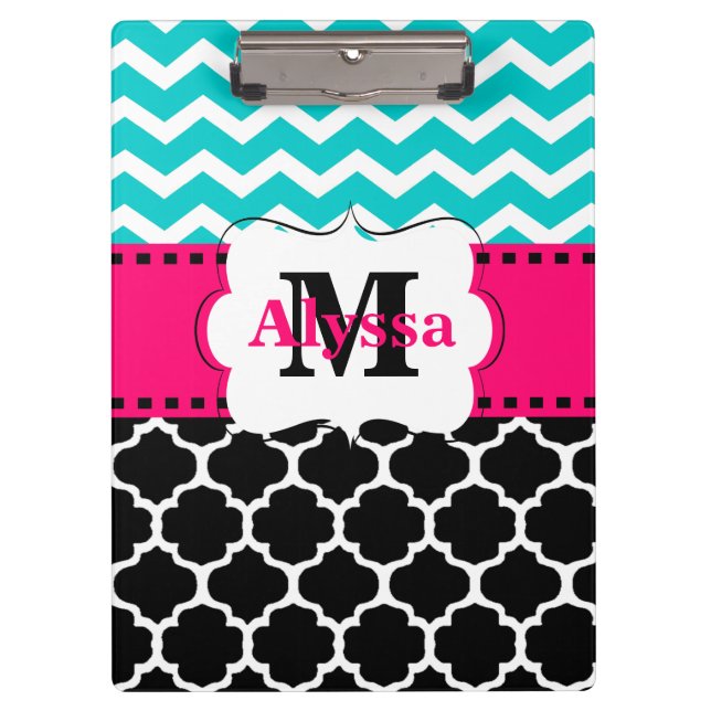 Teal Pink Black Chevron Quatrefoil Personalized Clipboard (Front)