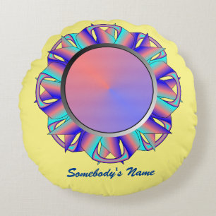 Teal-Pink-Blue Disc Ribbon by Kenneth Yoncich Round Pillow