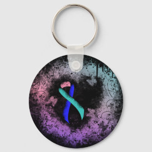 Teal/Pink/Blue Ribbon Grunge Heart Keychain