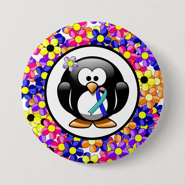 Teal/Pink/Blue Ribbon Penguin 3 Inch Round Button (Front)
