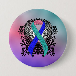 Teal/Pink/Blue Ribbon with Wings 3 Inch Round Button