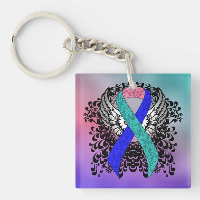 Teal/Pink/Blue Ribbon with Wings Keychain (Front)