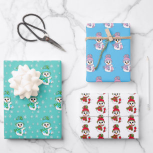Teal, Pink, Blue Snowman Christmas Wrapping Paper Sheet