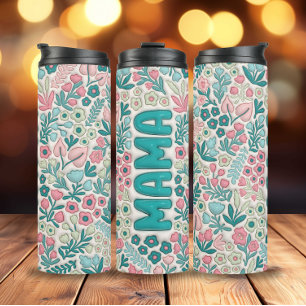 Teal Pink Boho Flowers 3D Inflated Mama Thermal Tumbler