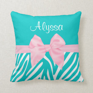 Teal Pink Bow Zebra Personalized Throw Pillow