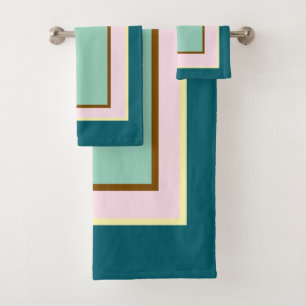 Teal Pink Brown Block Pattern Bath Towel Set