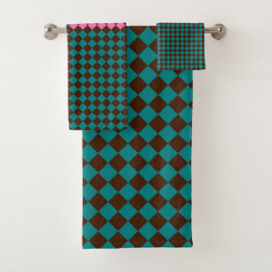 Teal Pink Brown Chequered Diamond Pattern Bath Towel Set