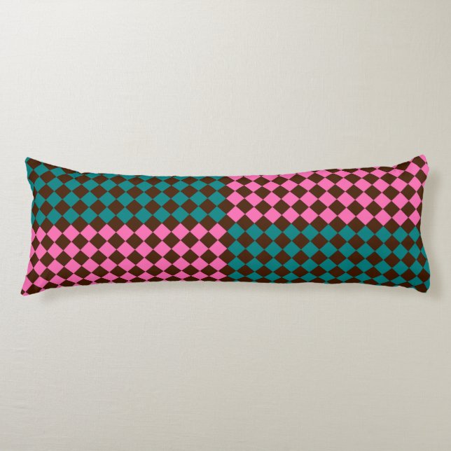 Teal Pink Brown Chequered Diamond Pattern Body Pillow (Front)