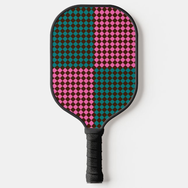 Teal Pink Brown Chequered Diamond Pattern Pickleball Paddle (Front)