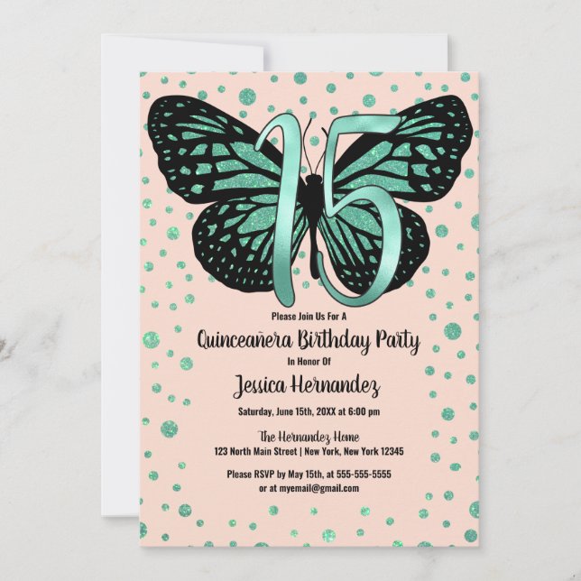 Teal Pink Butterfly Glitter Confetti Quinceañera Invitation (Front)