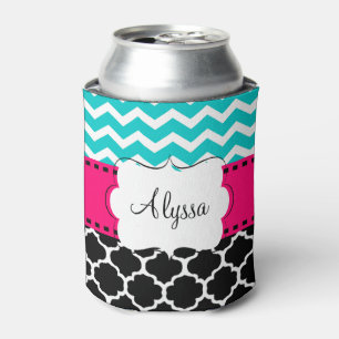 Teal Pink Chevron Quatrefoil Personalized Can Cooler
