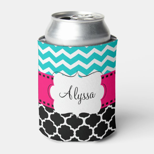 Teal Pink Chevron Quatrefoil Personalized Can Cooler (Can Front)