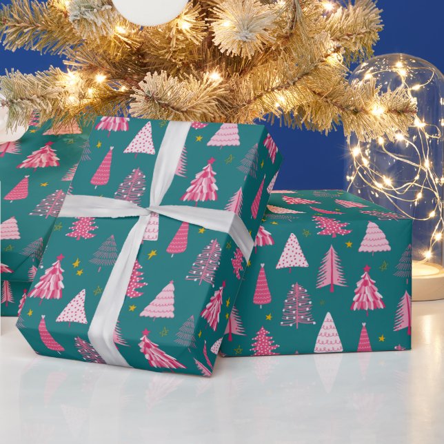 Teal & Pink Christmas Tree Pattern Wrapping Paper (Holidays)