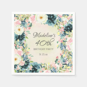 Teal Pink Cream Floral Women's 40th Birthday Napkin