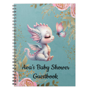 Teal Pink Dragon Butterfly Baby Shower Guestbook Notebook