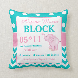 Teal Pink Elephant Baby Announcement Pillow