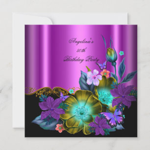 Teal Pink Floral Black Gold Birthday Party Invitation