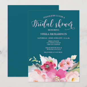  Teal  Pink Floral Bridal Shower Invitation