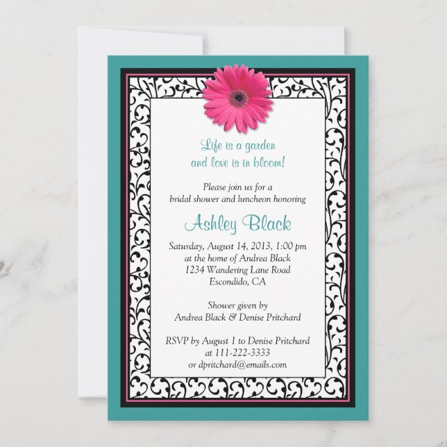 Teal Pink Gerbera Daisy Bridal Shower Invitation (Front)