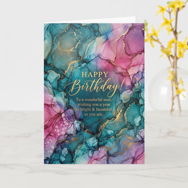 Teal Pink Gold Alcohol Ink Happy Birthday Card (Yellow Flower)