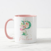 Teal Pink Gold Watercolor Floral Monogram P