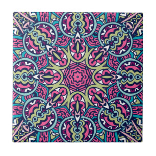Teal, Pink, Green & Navy Vibrant Boho Mandala Tile