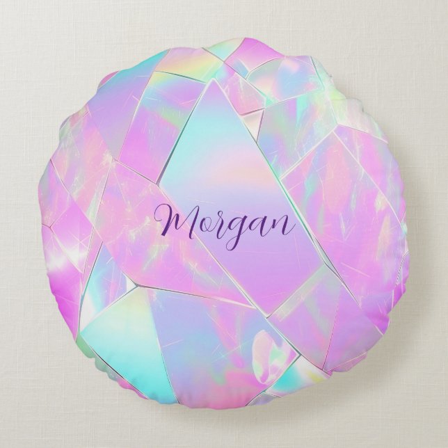 Teal & Pink Iridescent Design, Script Name Round Pillow (Back)