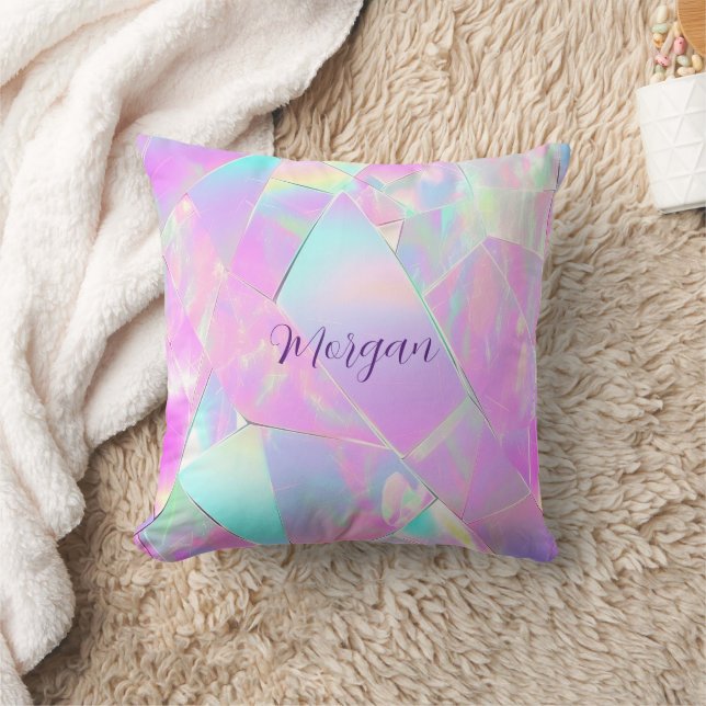 Teal & Pink Iridescent Design, Script Name Throw Pillow (Blanket)