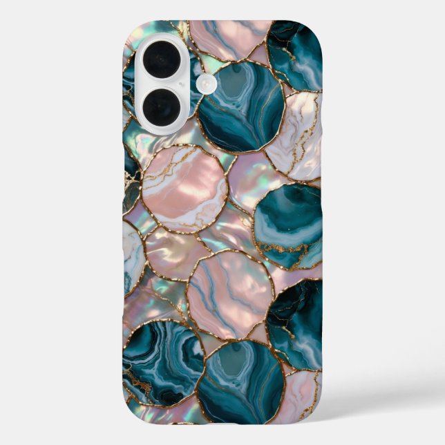 Teal Pink Marble Circles Phone Case Gold (Back)
