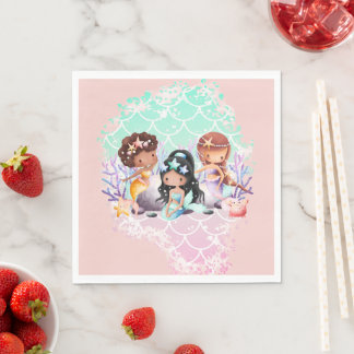 Teal Pink Mermaid Friends Under the Sea  Napkin