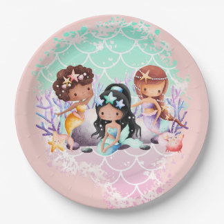 Teal Pink Mermaid Friends Under the Sea  Paper Plate