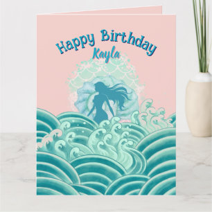 Teal Pink Mermaid Ocean Waves Birthday Party Girl Card