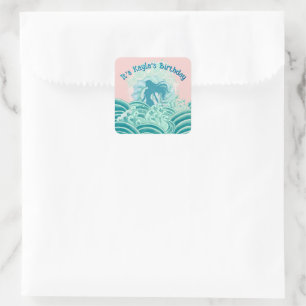 Teal Pink Mermaid Ocean Waves Birthday Party Girl Square Sticker