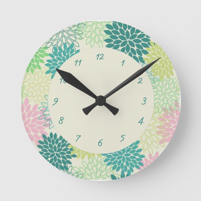 Teal & Pink Mums Round Clock (Front)