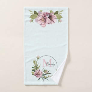 Teal, Pink peonies personalized initial monogram Hand Towel